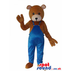 Brown Teddy Bear Plush Mascot Wearing Blue Overalls - Custom