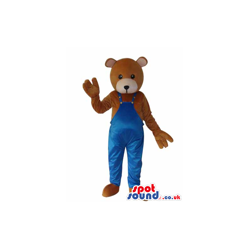 Brown Teddy Bear Plush Mascot Wearing Blue Overalls - Custom