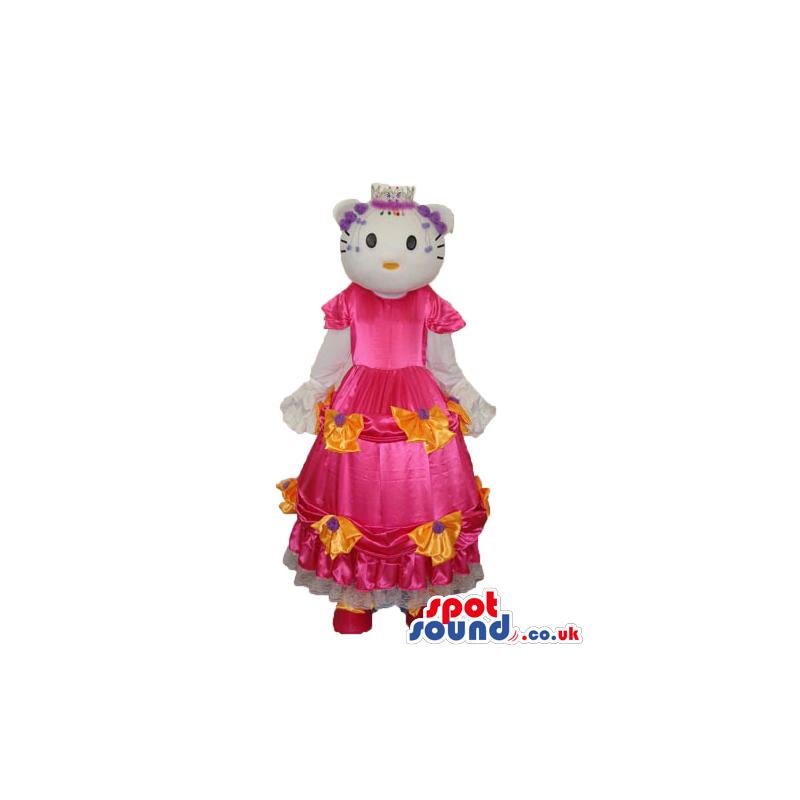 Kitty Cat Cartoon Mascot With A Long Pink Dress With Flowers -