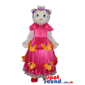 Kitty Cat Cartoon Mascot With A Long Pink Dress With Flowers -
