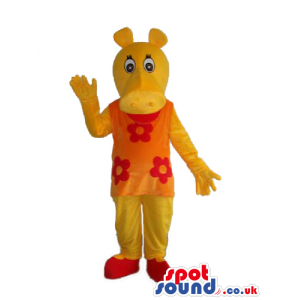 Cute Yellow Hippopotamus Girl Mascot Wearing An Orange Dress -