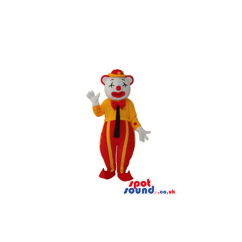 White Clown Mascot With Shut Eyes And Yellow And Red Clothes -