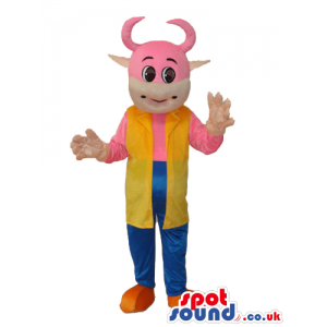 Fantasy Pink Cow Animal Mascot With A Long Yellow Vest - Custom