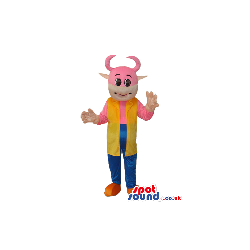 Fantasy Pink Cow Animal Mascot With A Long Yellow Vest - Custom