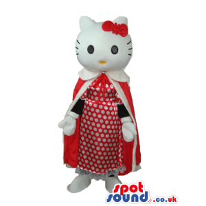 Kitty Cat Cartoon Mascot With A Long Red Gown And Dots Dress -