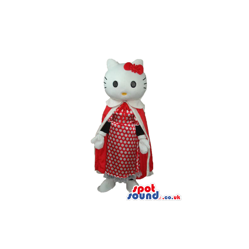 Kitty Cat Cartoon Mascot With A Long Red Gown And Dots Dress -