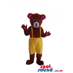 Brown Bear Animal Plush Mascot Wearing Yellow Overalls - Custom