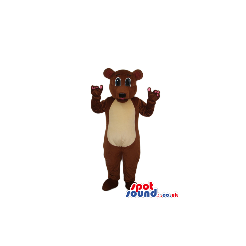 Brown Bear Plush Mascot With A Beige Belly And Pink Finger Tips