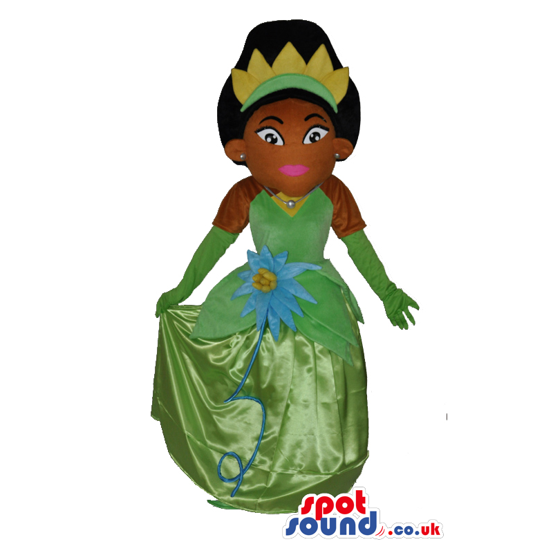 Girl Character Mascot Wearing A Green Prom Dress And Crown -