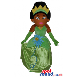 Girl Character Mascot Wearing A Green Prom Dress And Crown -