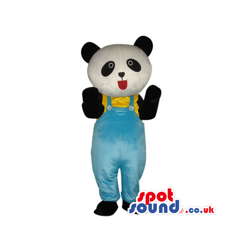 Cute Panda Bear Plush Mascot Wearing Blue Overalls - Custom