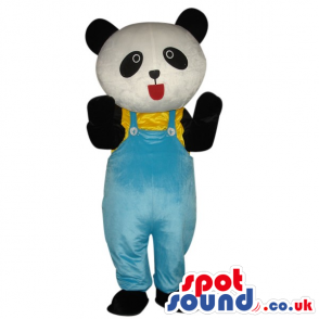 Cute Panda Bear Plush Mascot Wearing Blue Overalls - Custom