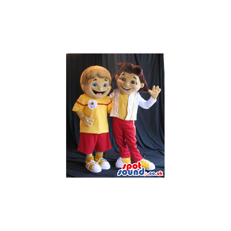 Boy And Girl Couple Mascot Wearing Yellow And Red Sports