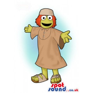 Drawing Of Green Mascot With Orange Hair Wearing Brown Garments
