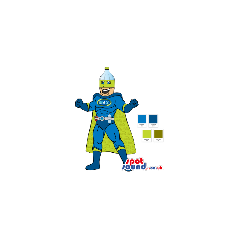 Drawing Of Green And Blue Super Hero Mascot With A Bottle -