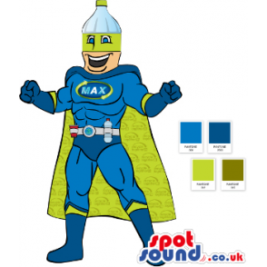 Drawing Of Green And Blue Super Hero Mascot With A Bottle -