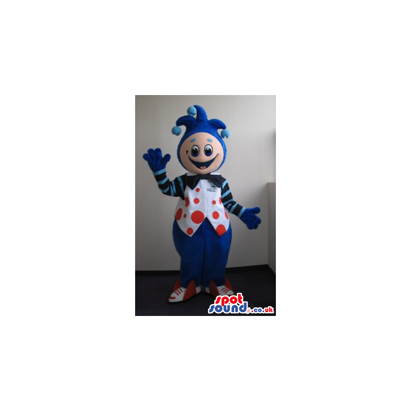 Fantasy Clown Plush Mascot Wearing Blue Garments With Red Dots