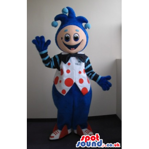 Fantasy Clown Plush Mascot Wearing Blue Garments With Red Dots