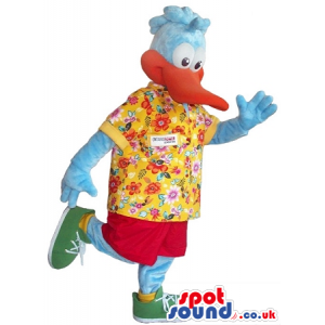 Cute Cartoon Blue Duck Mascot Wearing A Hawaiian Flowery Shirt