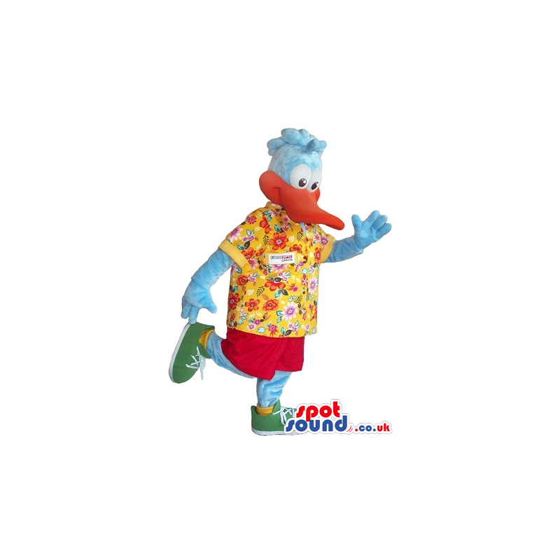 Cute Cartoon Blue Duck Mascot Wearing A Hawaiian Flowery Shirt