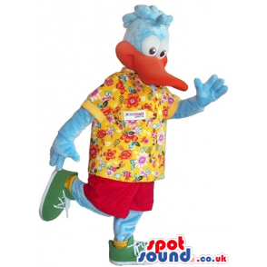 Cute Cartoon Blue Duck Mascot Wearing A Hawaiian Flowery Shirt