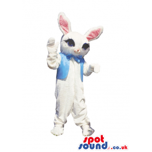 Cute White Bunny Rabbit Plush Mascot Wearing A Blue Vest -