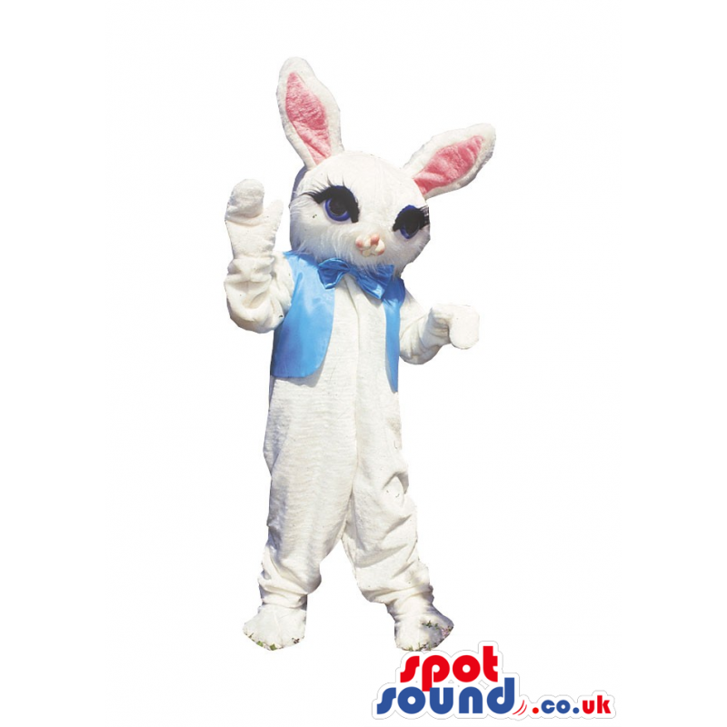 Cute White Bunny Rabbit Plush Mascot Wearing A Blue Vest -