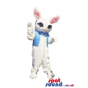 Cute White Bunny Rabbit Plush Mascot Wearing A Blue Vest -