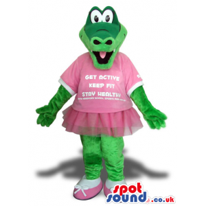 Green Alligator Plush Mascot With Pink Skirt And T-Shirt -