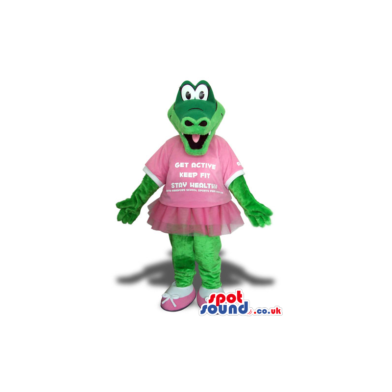 Green Alligator Plush Mascot With Pink Skirt And T-Shirt -