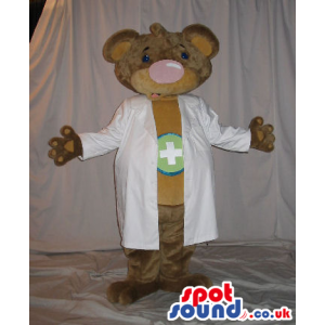 Brown Bear Plush Mascot Wearing Doctor Garments With A Cross -