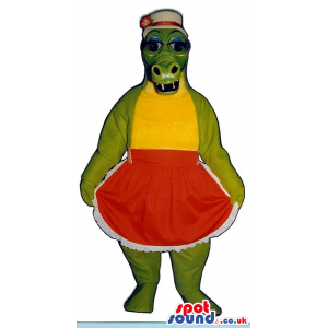 Green Lady Alligator Plush Mascot Wearing A Red Apron And A Hat