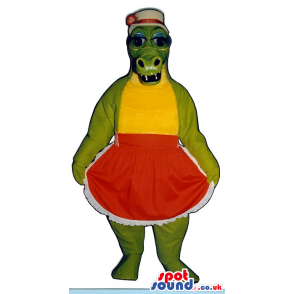 Green Lady Alligator Plush Mascot Wearing A Red Apron And A Hat