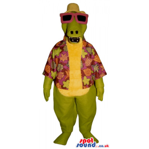 Green Alligator Mascot Wearing Sunglasses And Hawaiian Shirt -