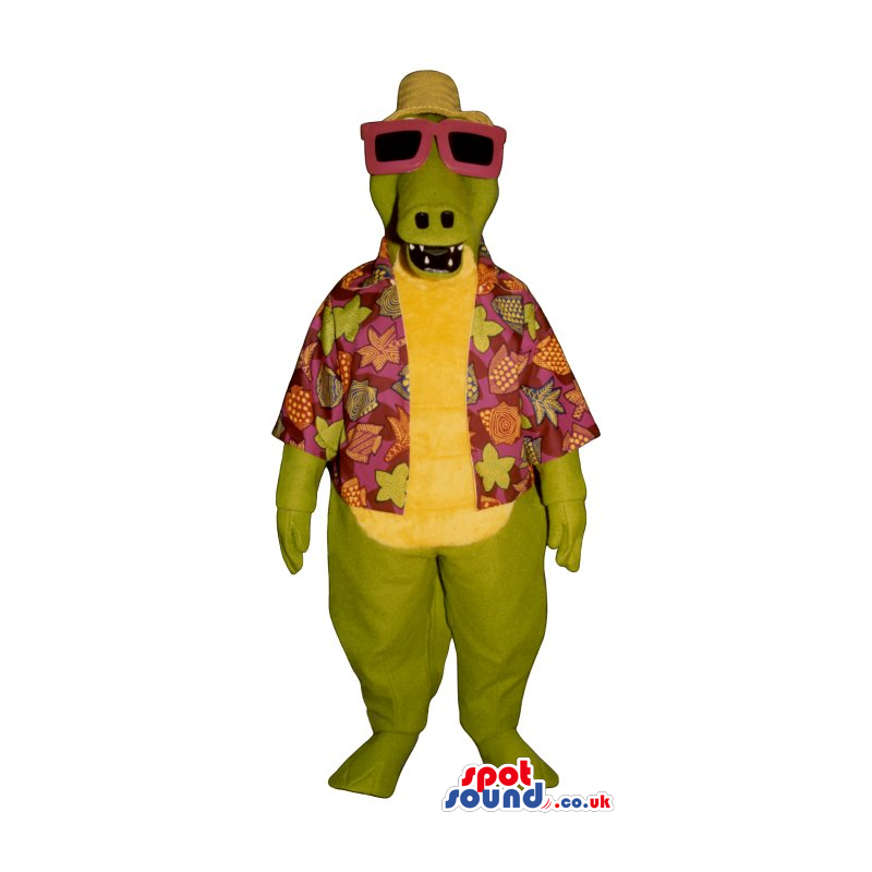 Green Alligator Mascot Wearing Sunglasses And Hawaiian Shirt -