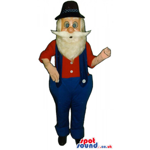 Old Man Mascot With Beard Wearing Blue Overalls And A Hat -