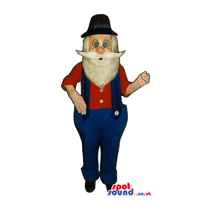 Old Man Mascot With Beard Wearing Blue Overalls And A Hat -