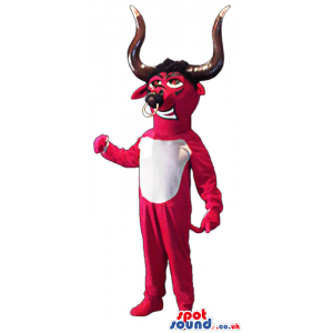 Red Bull Animal Mascot With A White Belly And Long Horns -