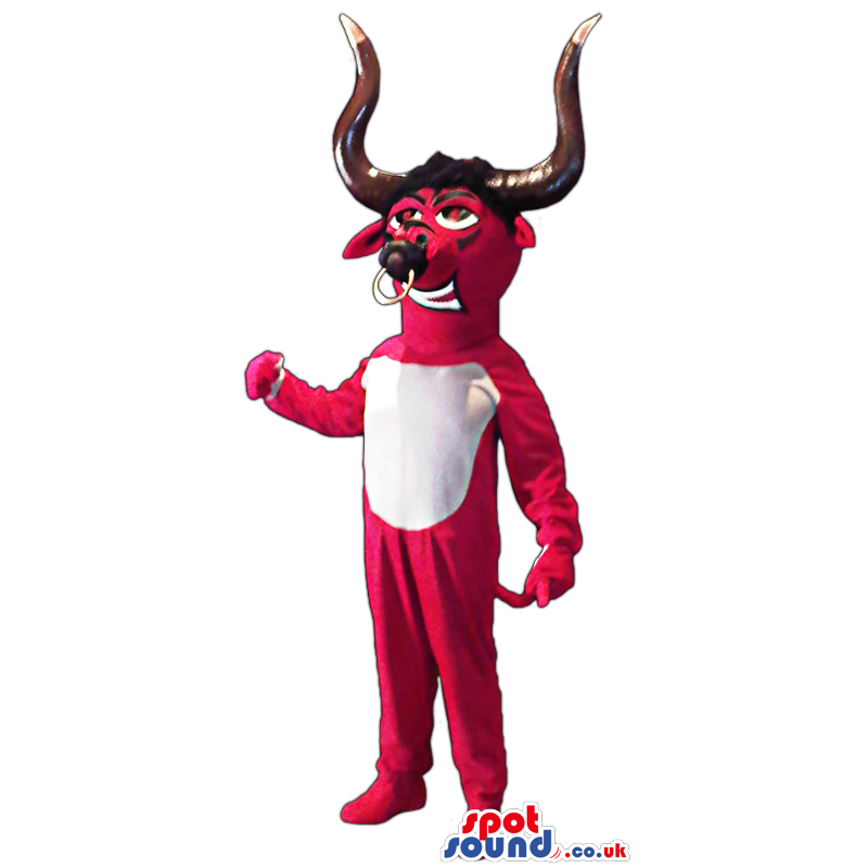 Red Bull Animal Mascot With A White Belly And Long Horns -