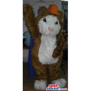 Squirrel mascot with brown and white colour fur and yellow cap