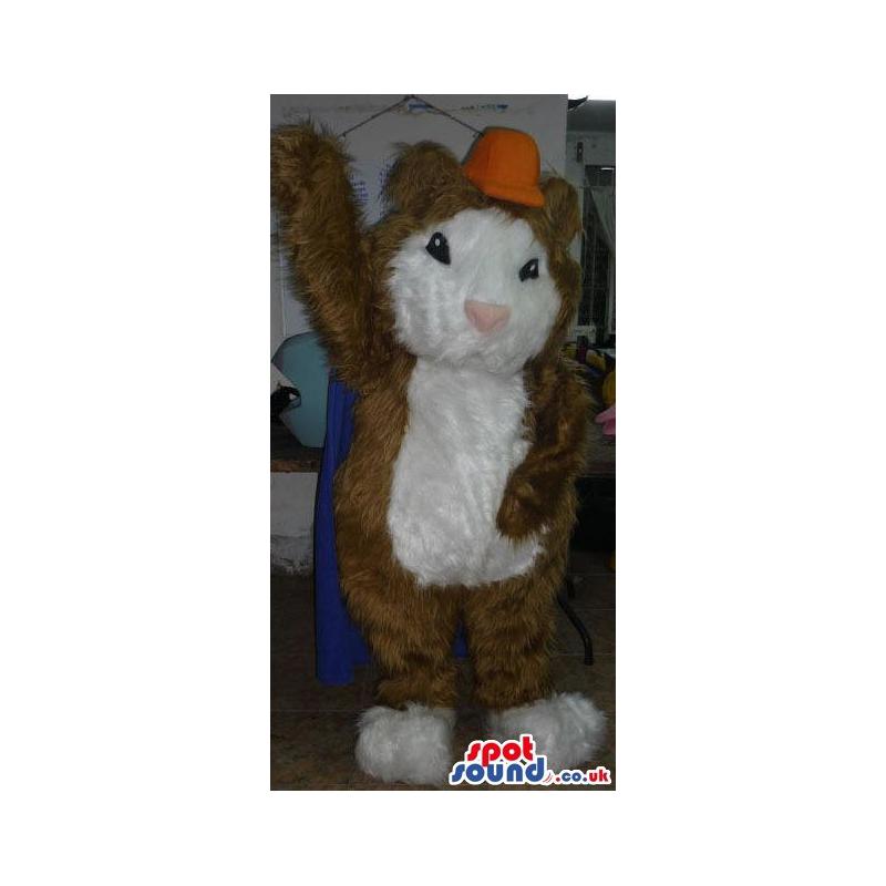 Squirrel mascot with brown and white colour fur and yellow cap