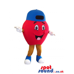 Happy Red Apple Plush Mascot With Happy Face Wearing A Blue Cap