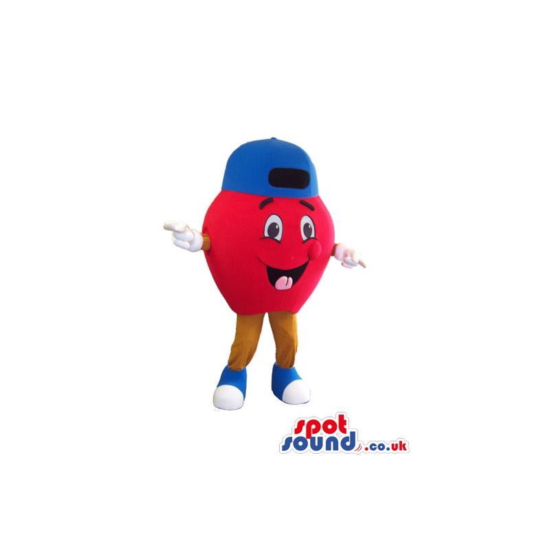 Happy Red Apple Plush Mascot With Happy Face Wearing A Blue Cap