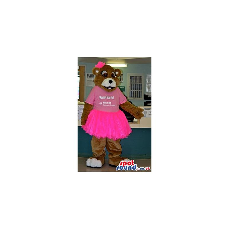 Brown teddy bear mascot welcoming you form his hands - Custom