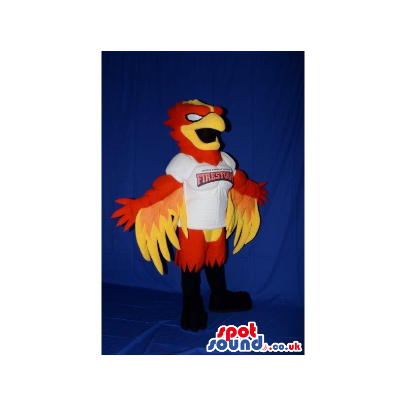 Red And Yellow Firebird Plush Mascot Wearing A Sports Team