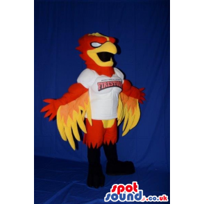 Red And Yellow Firebird Plush Mascot Wearing A Sports Team