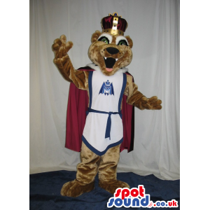 Brown Lion Plush Mascot Wearing Red King Garments And Crown -