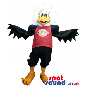 Black And White Eagle Plush Mascot Wearing A T-Shirt With Logo