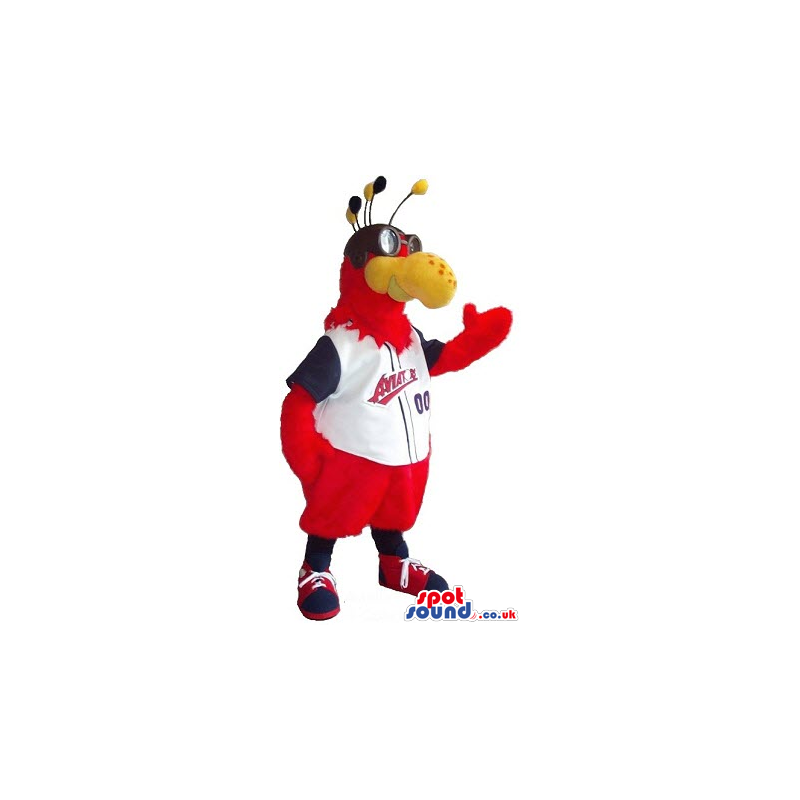 Red Bird Plush Mascot With Baseball Shirt And Aviator Glasses -