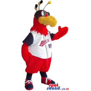 Red Bird Plush Mascot With Baseball Shirt And Aviator Glasses -